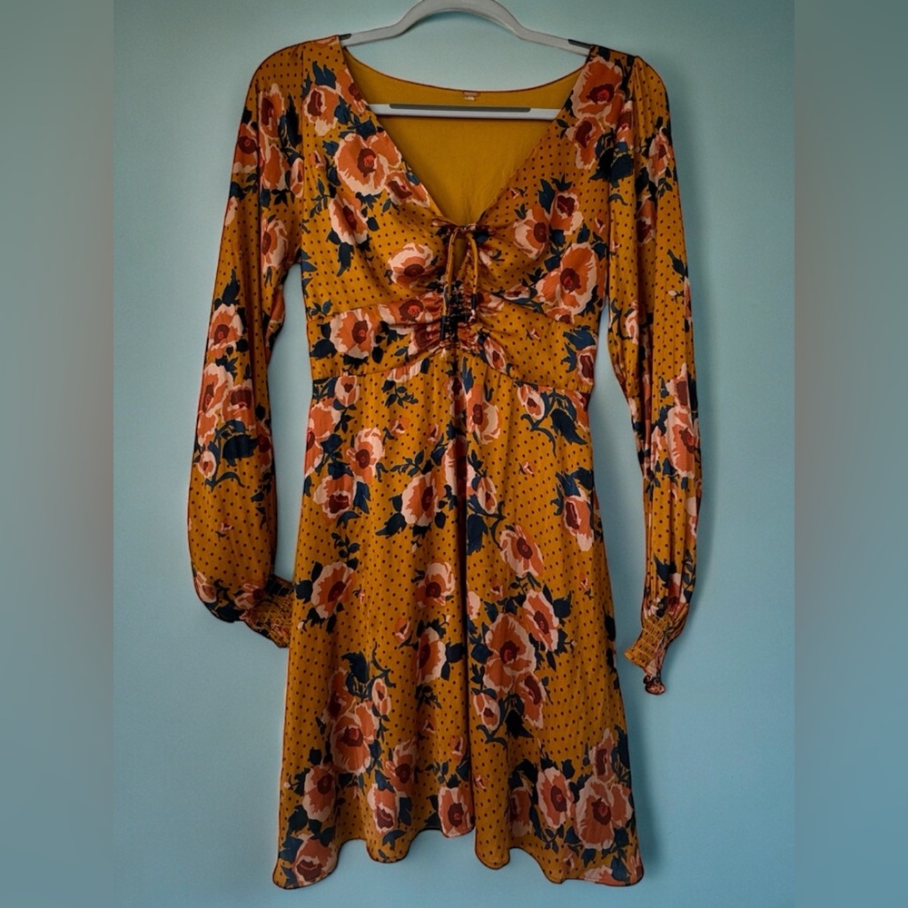 free people yellow floral ruched long sleeve mini dress, EUC